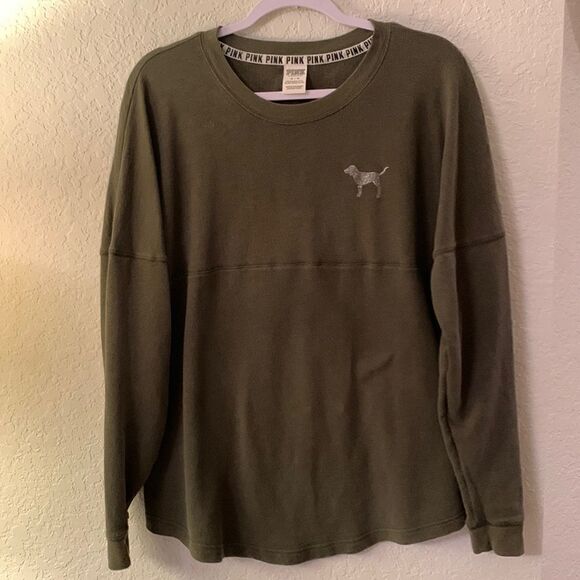 Pink Victoria Secret Khaki Logo Print Sweater Size M - Picture 1 of 7